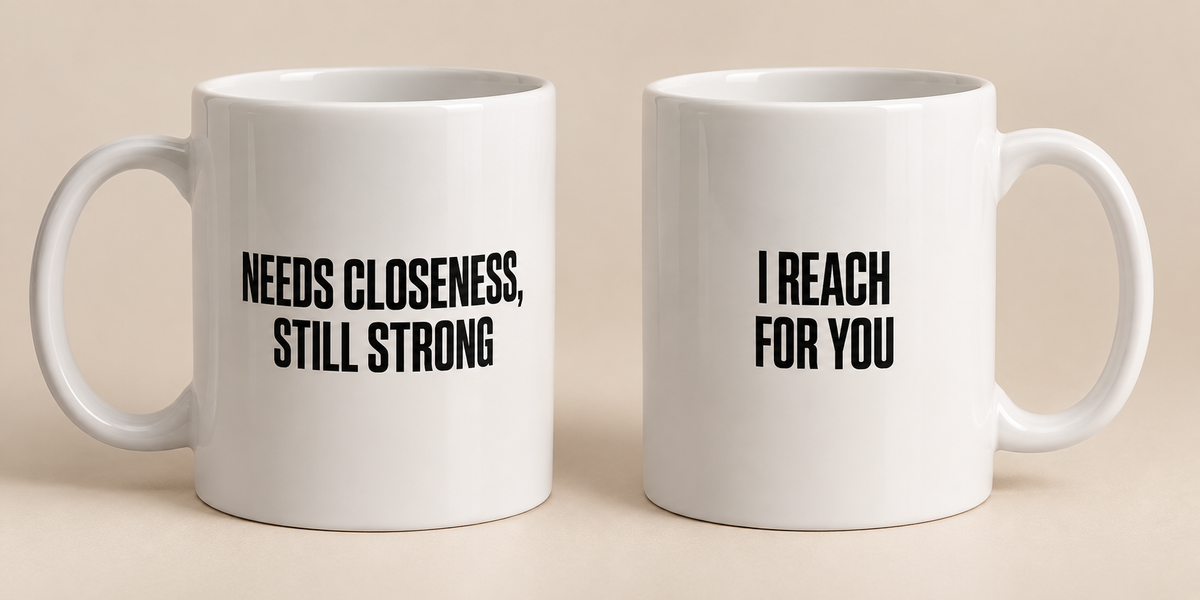 The As We Are Mug shown from both sides: Needs Closeness Still Strong, and I Reach For You